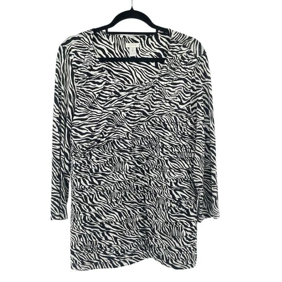 Chico’s Zebra Ruched Front Stretch Knit Pullover Top Size 2 Large 12/14 - Picture 1 of 9